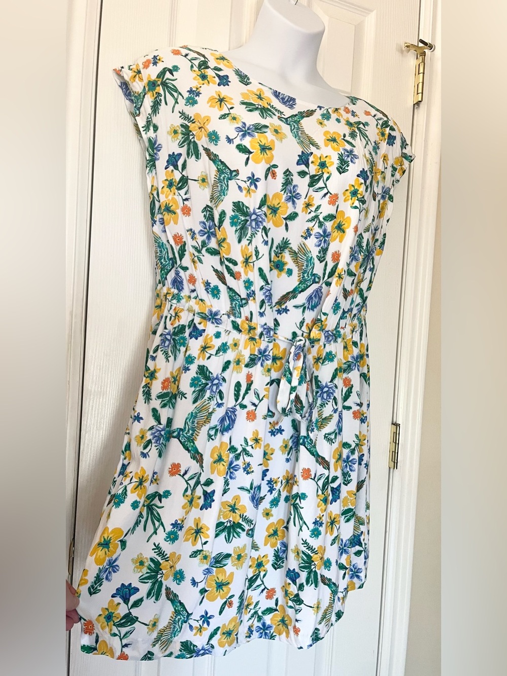 Old Navy Midi Dress - White Multi Floral - Cinch Waist Tie - Plus Size 1X